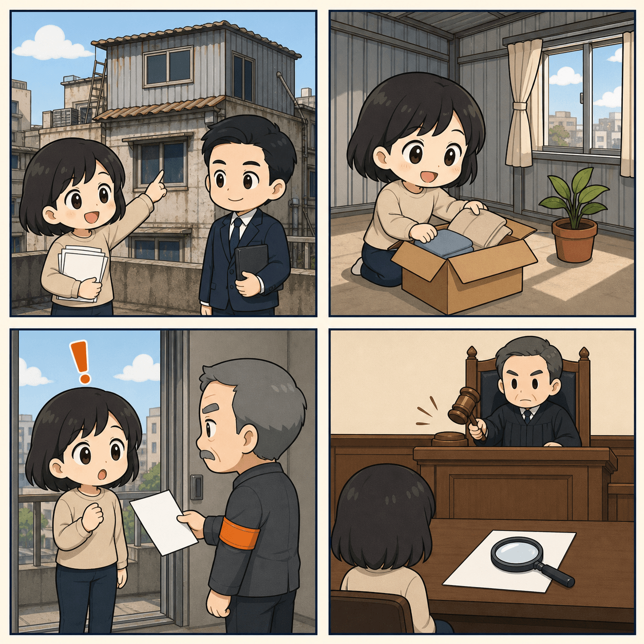 Q 版四格漫畫：買方看屋簽約、開心入住頂樓加蓋、管委會伯伯上門通知、法庭審理